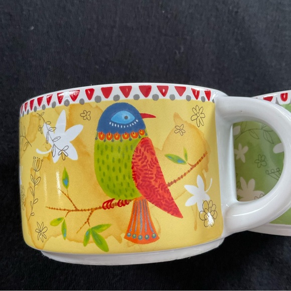 Pier 1 Dining Pier Stackable Birdfloral Stoneware Mugs Wchrome